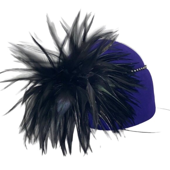 Vintage Purple Wool Fascinator Hat With Black Feather & Rhinestone Trim - Picture 1 of 13